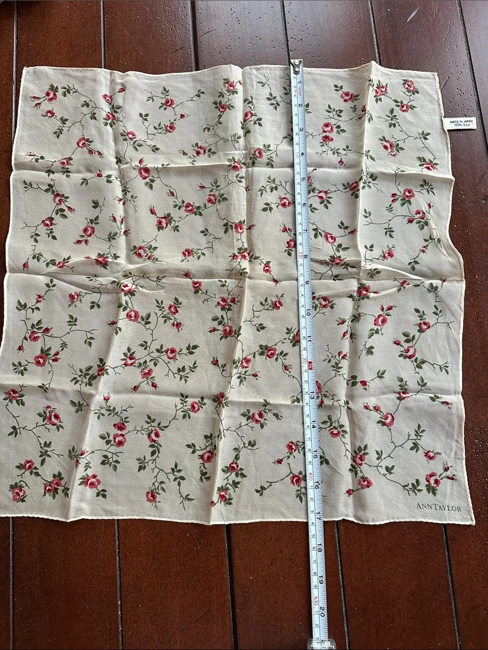 Ann Taylor Cream 💯 Silk Scarf with Pink Rose Vine Print